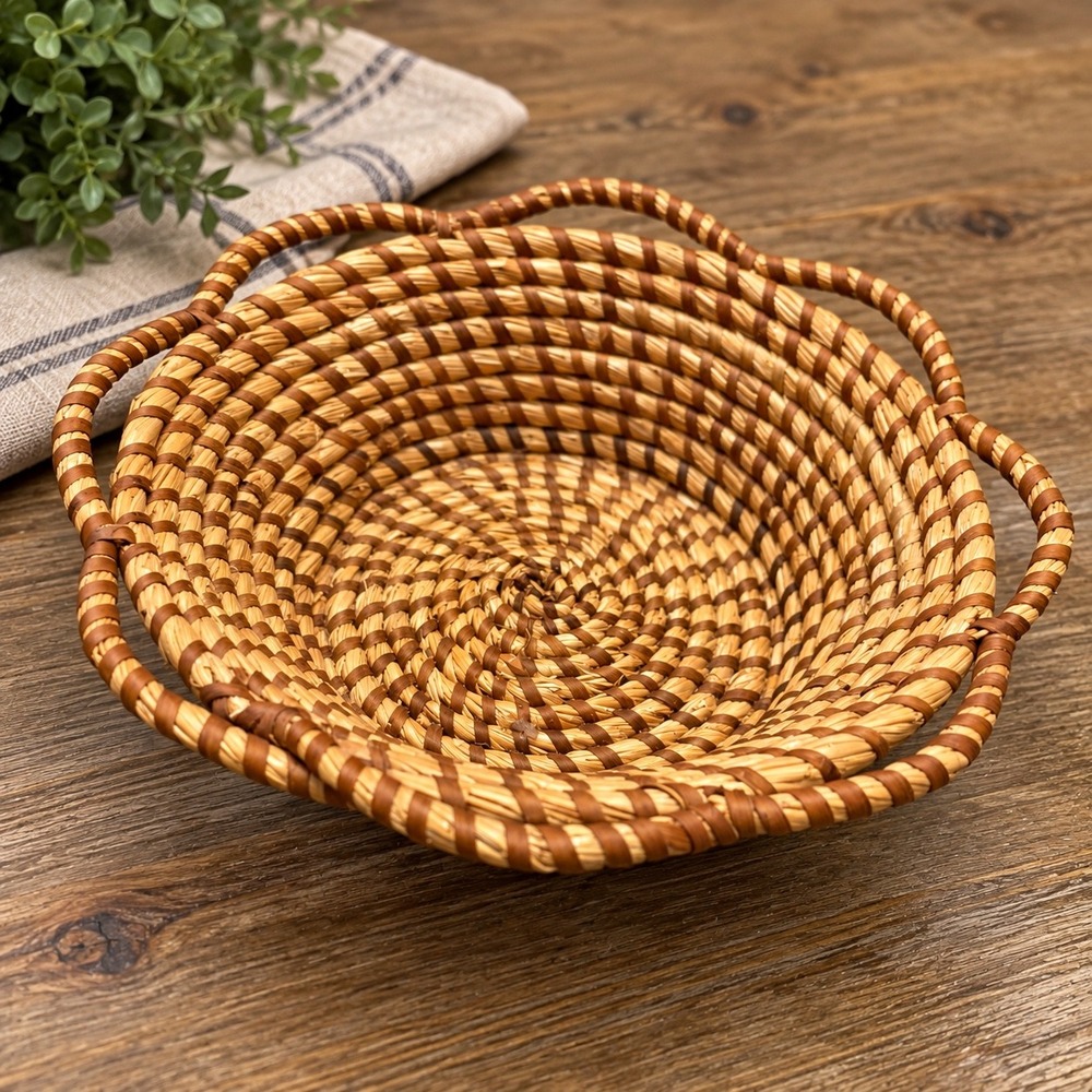 Vintage Handwoven Coil Basket Natural Straw Brown Wrapped Handles 8" Rustic